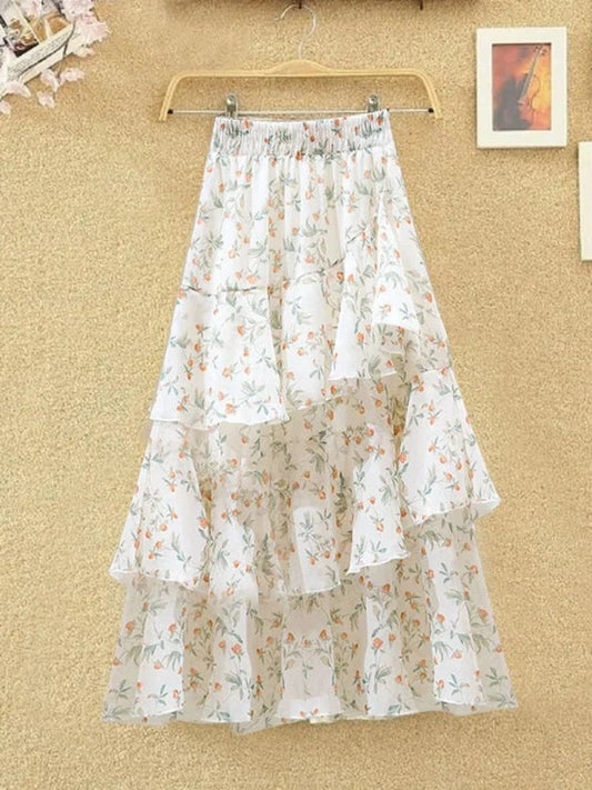 maoxiangshop New Temperament Skirt Summer Floral Irregular Ruffle All-match A-line Skirt Breathable Fairy Cake Skirt Fashion Party