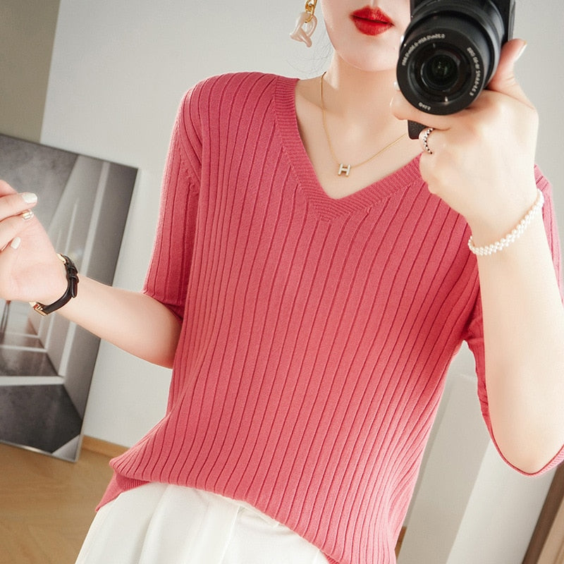 maoxiangshop Women Sweater Short Sleeve Spring Summer Knitwears Korean Fashion Stripe Pullovers Slim Fit Knit Tops Casual V-neck Jumpers