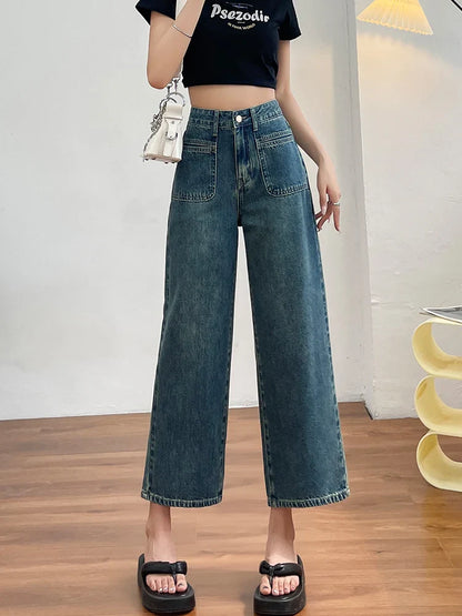 maoxiangshop Women Jeans New Straight Leg Wide Streetwear High Waist Boyfriend Pockets Denim Trousers Cargo Pants Japanese Y2k