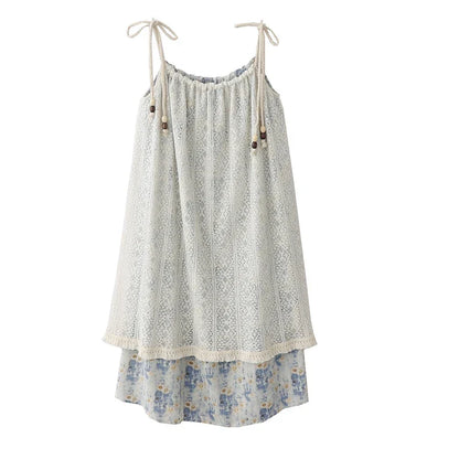 Summer New French Style Seaside Vacation Slip Dress Lace Tassels Flower Mid Long Layered Skirt Sweet Fake Two Pieces Beach Dress