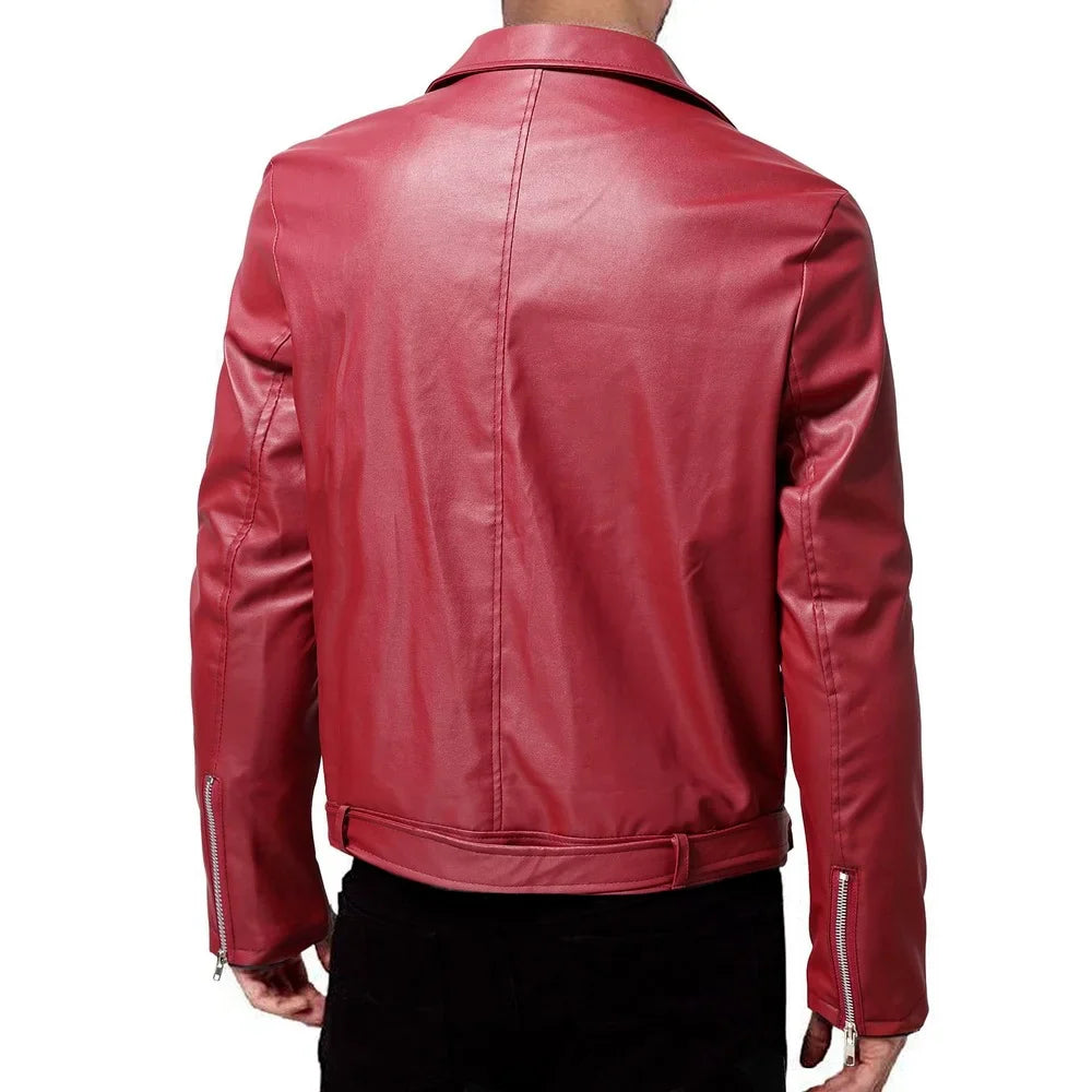 maoxiangshop WELL DRESSED MEN Men PU Leather Jacket Solid Color Casual Slim-Fit Zipper Long Sleeve Turn-Down Collar Motorcycle Leather JacketCoat Men Clothing