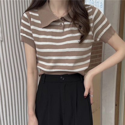 maoxiangshop Summer Vintage Striped Polo Collar T Shirts Women's Knitted Short Sleeve Thin Cropped Tshirt Crop Top For Slim Girls