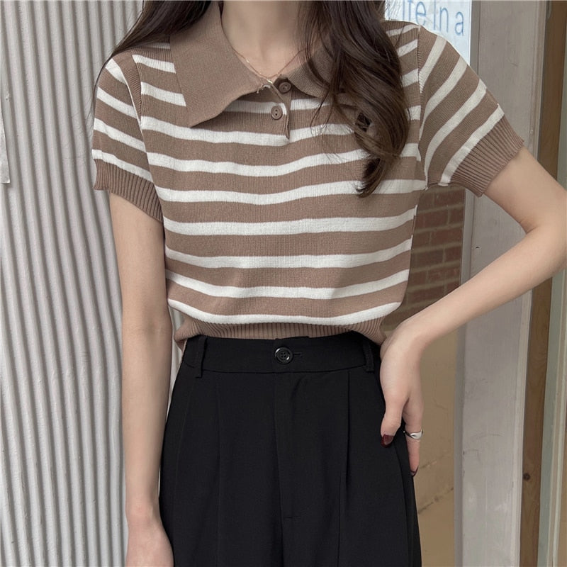 maoxiangshop Summer Vintage Striped Polo Collar T Shirts Women's Knitted Short Sleeve Thin Cropped Tshirt Crop Top For Slim Girls