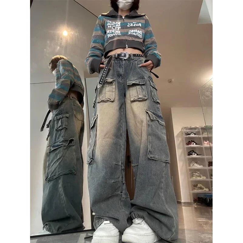 Y2K Cargo Jeans Women Streetwear Multi-Pocket Wide Leg Denim Pants Harajuku Vintage High Waist Baggy Casual Trousers New