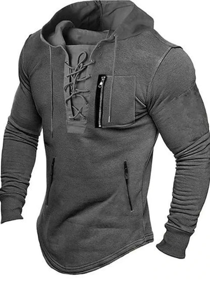 maoxiangshop Men Autumn Spring Top Lace Up Drawstring Solid Color Long Sleeve Zipper Pockets Pullover Streetwear Men Mid Length Hoodie