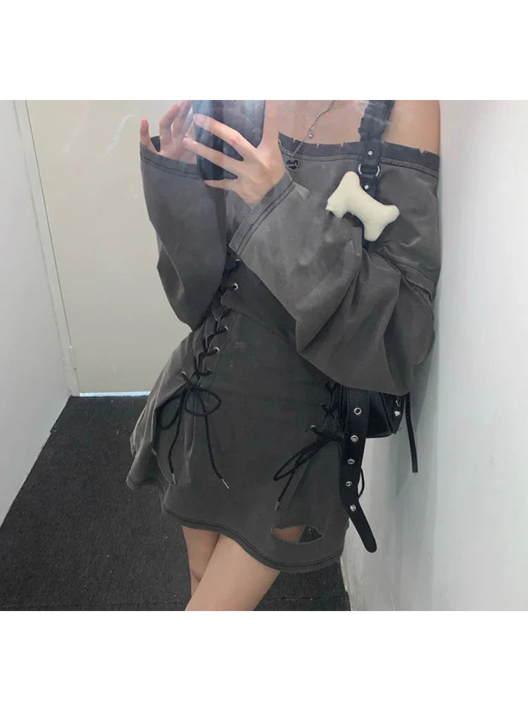 Women Gothic Baddie Style Long Sleeve Slash Neck Dress Harajuku Fashion Oversize Y2k Streetwear Gyaru Hot Off-shoulder One-Piece