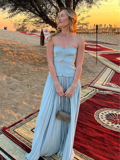 maoxiangshop-Elegant Pleated Strapless Maxi Dress Women Fashion Blue Sleeveless Backless Chest Wrapping Dresses Summer Party Evening Robes