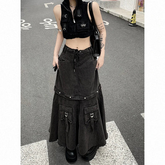 Spring Women Vintage Baggy Streetwear Denim Skirt Grunge 00S High Waist Y2K High Street Basic A-Line Lady Pockets Skirt