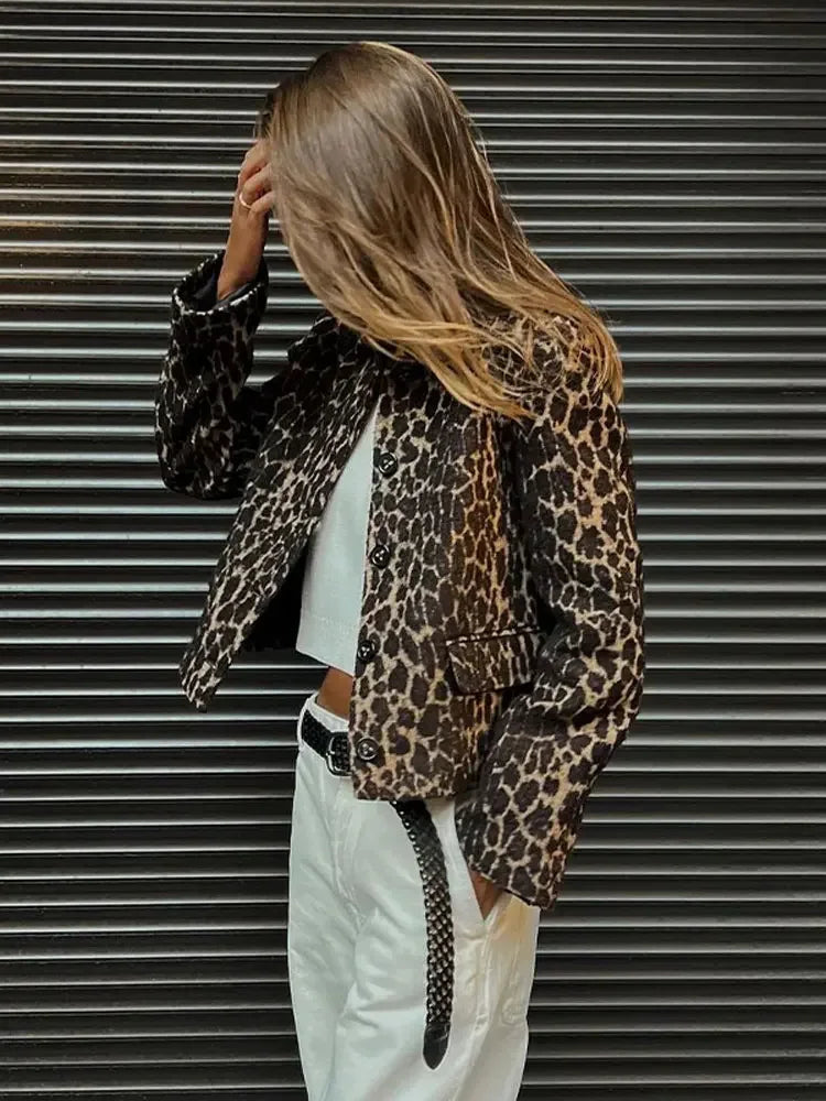 maoxiangshop -  Women's Leopard Long Sleeve Bomber Jacket Dor Women Casual Lapel Single Breasted Short Coat Elegant Winter Warm Outwear Jackets