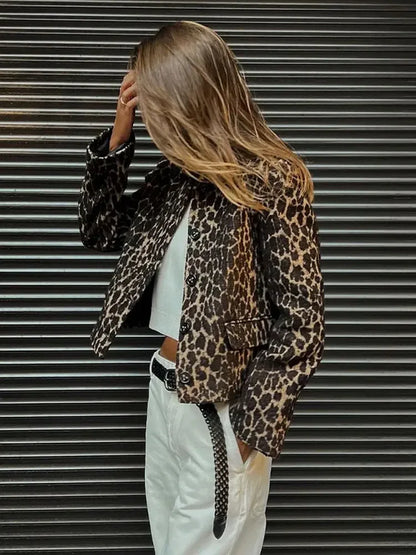maoxiangshop -  Women's Leopard Long Sleeve Bomber Jacket Dor Women Casual Lapel Single Breasted Short Coat Elegant Winter Warm Outwear Jackets