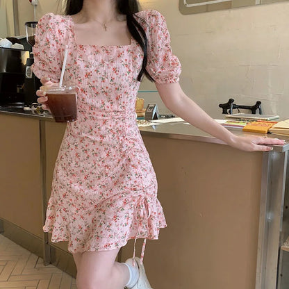 Floral Dress Gentle Wind Women Summer Design Artistic Skirt Korean Style Fashion Dress Bubble Sleeve Rustic Casual Style