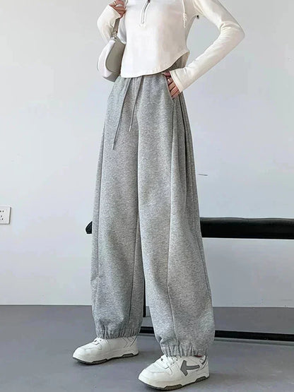 maoxiangshop  -  2024 Autumn New Wide Leg Pants Women Baggy Sweatpants Loose High Waisted Bound Feet Pants Lady Lace Up Casual Straight Trousers