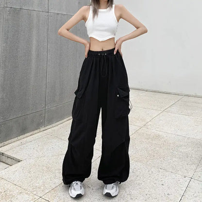 maoxiangshopWomen Casual Joggers Tech Pants Solid Low Waist Sweatpants Drawstring Wide Leg Baggy Trousers Y2k Streetwear Oversize Sweatpants