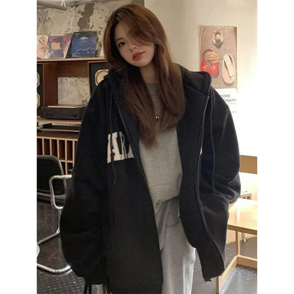 maoxiangshop Streetwear Zip Up Hoodies Women Oversized Letter Print Sweatshirt Harajuku Korean Plus Fleece Thick Casual All Match Tops