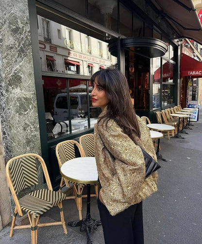 maoxiangshop  -  Women's Sequined Bomber Jacket Fall O Neck Long Sleeve Pocket Stretch Hem Sequins Jacket Coat Female Chic Outerwear