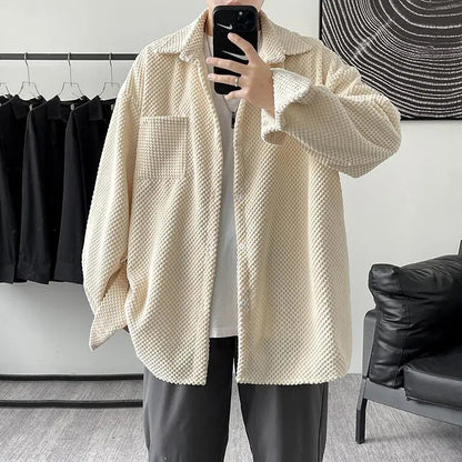 maoxiangshop New Korean Style Shirt Plus Size 5Xl-M Corduroy Shirts Men Harajuku Pineapple Cubes Mens Shirt Long Sleeve Streetwear Fashions