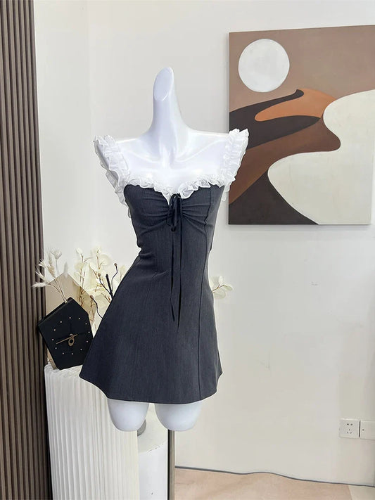 maoxiangshop Women Summer Off Shoulder Mini Dress Sexy Elegant Vintage Fashion Party Club Sleeveless Grey Dress Female One Piece Frocks