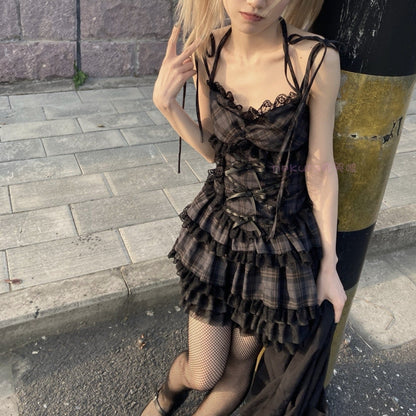 maoxiangshop Summer Autumn Preppy Style Gothic Girls Sexy Sling Dress Balck Pleated Mini Short Plaid Women Sleeveless Large Pendulum Dresses