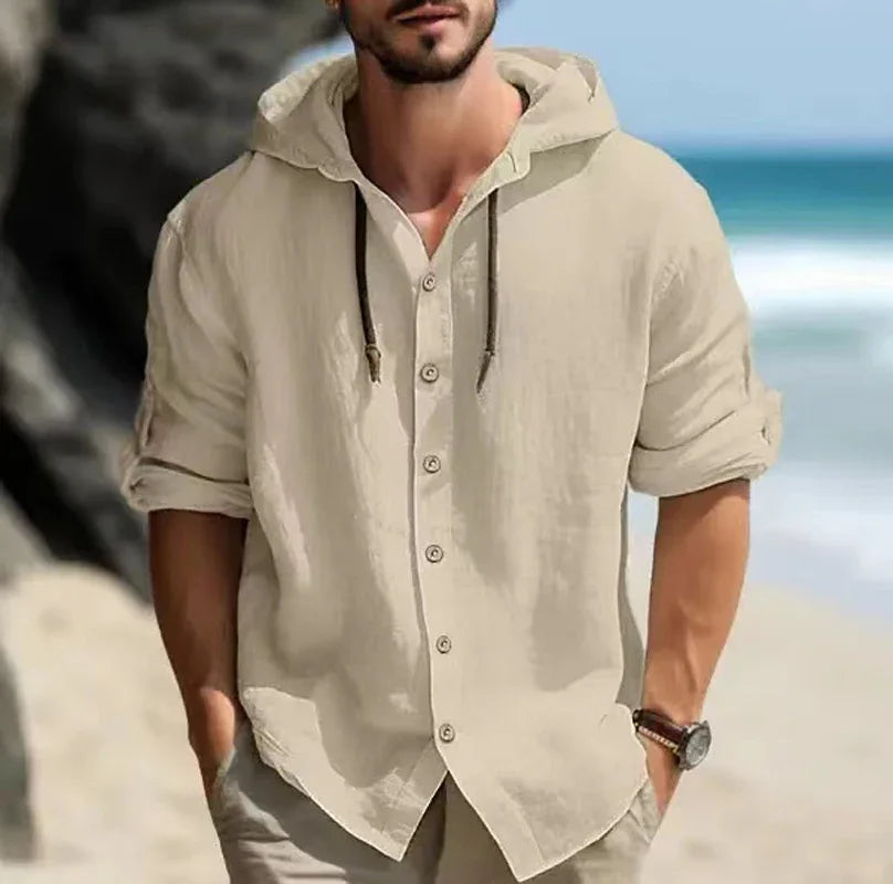maoxiangshop Summer Men's Linen Shirt Solid Streetwear Long Sleeve Hoodie Cardigan Clothing For Men Button Tops Casual Loose Men Hooded Shirt