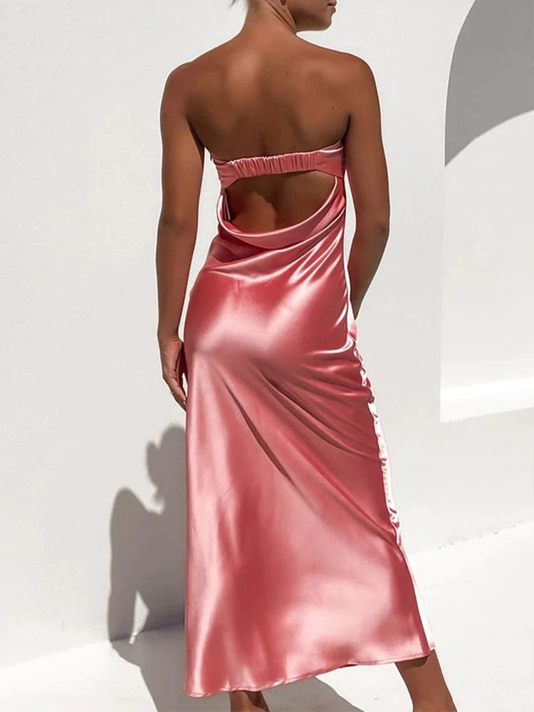 Townlike Slash Neck Midi Long Dress Women Chest Wrap Backless Strapless Satin Dress Temperament Elegant Sexy Party Dresses