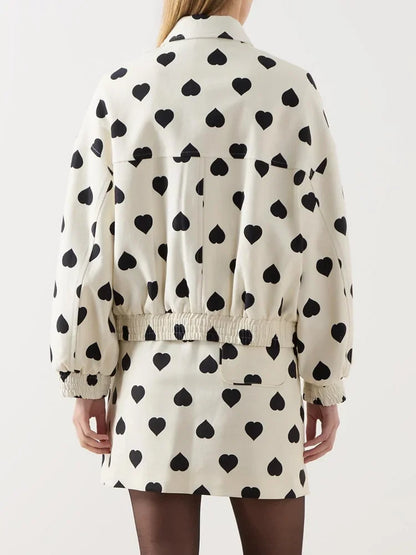 maoxiangshop  -  Women New Fashion Contrasting Love Printed Zipper Jacket Elegant Lapel Long Sleeves Pocket Loose Coat Autumn Chic Lady Outerwear