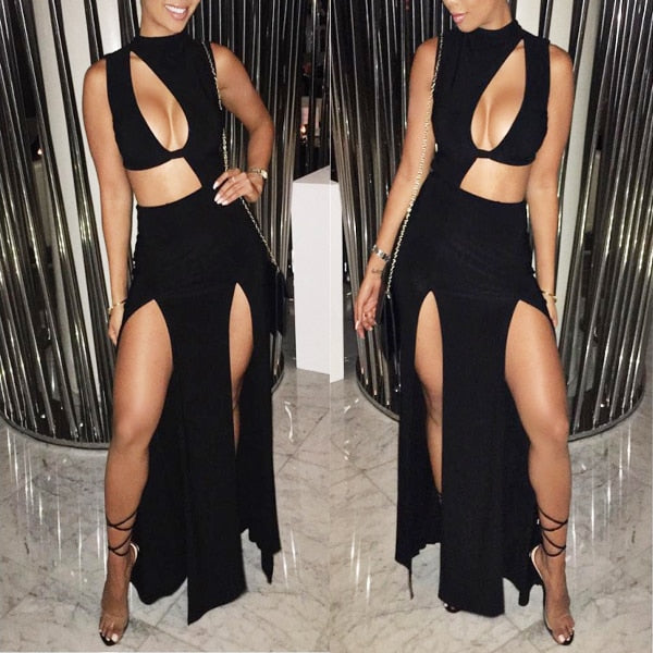 maoxiangshop Women Sexy Dress Elegant Lady Sleeveless Mock Neck Studded Bandage Side High Slit Cutout Night Club DressesSkin-Friendly