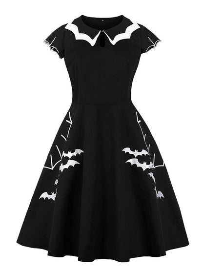 maoxiangshop Bat Embroidery Halloween Costumes Party Vintage Dresses for Women Cap Sleeve Keyhole Front Cotton Retro A Line Dress