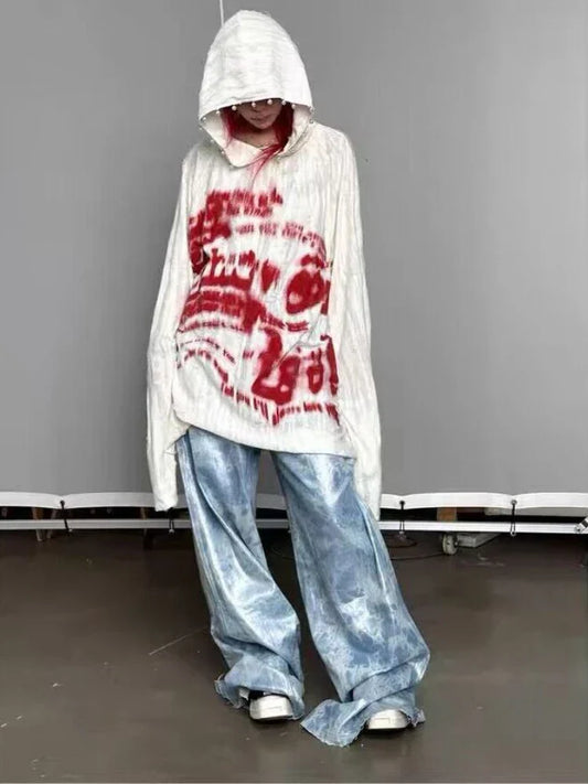 maoxiangshop Deeptown Gothic Punk Graphic Print Hoodies Women Grunge Kpop Oversized Hooded Sweatshirt Harajuku Hollow Out Y2K Tops Streetwear