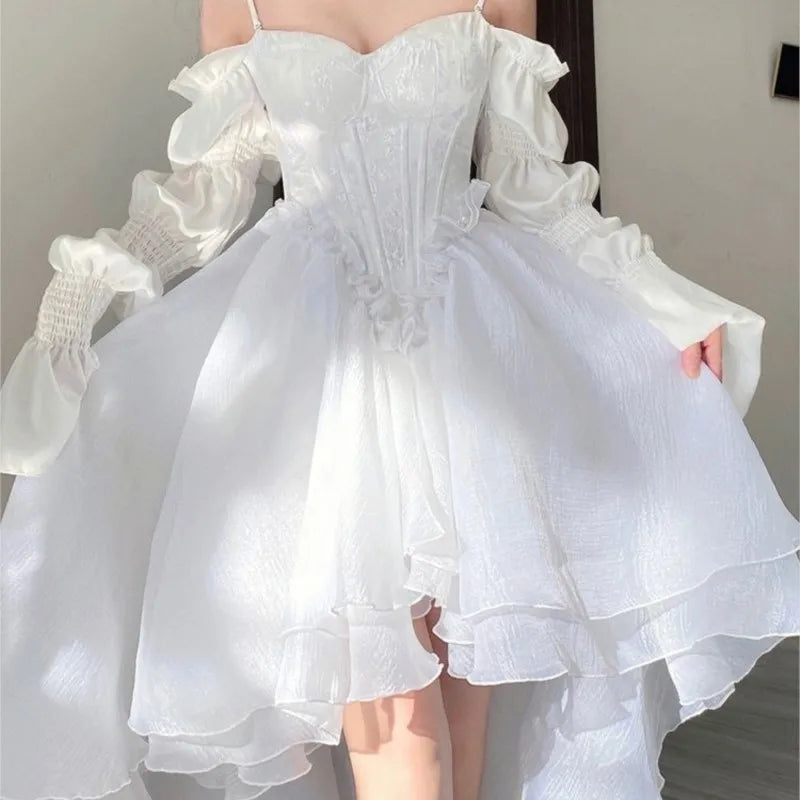 maoxiangshop Spring Elegant White Off Shoulder Fairy Dress Chic Princess Puff Dress Mesh Puff Dress Wedding Party Porm Dress