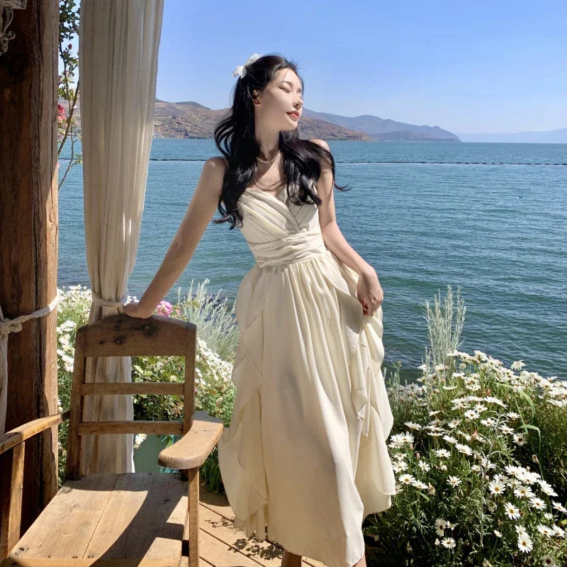 Korean Elegant Evening Party Prom Ruffles Dress Women 2024 Summer New Chic Spaghetti Strap Midi Vestido Female Casual Clothing