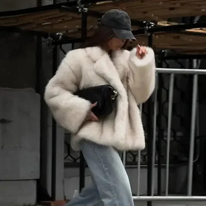 maoxiangshop  -  Solid Faux Fur Women Overcoat Lapel Thicken Warm Lady Jacket 2024 Fashion Elegant Autumn Winter All Match Loose Female Coat