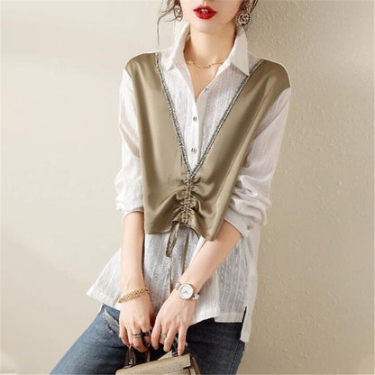 Women's Korean Patchwork Fake Two Pieces Shirts Spring Autumn Trendy Loose Chic Blouse Simple Casual Drawstring Long Sleeve Tops