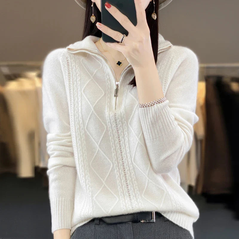 maoxiangshop 100% Merino Wool Women's Turtleneck Sweater Autumn Winter Casual Knit Loose Top Fashion Zipper Half Open Neck Cashmere Pullover