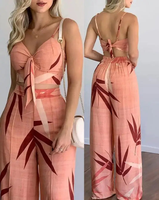 maoxiangshop Summer New Women's Suit Sexy Sleeveless Backless Womens Outfits Leaf Print Crop Top & Wide Leg Pants Set Long Pants 2 Piece Sets