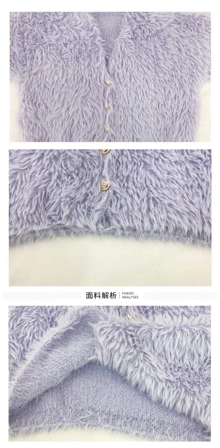 maoxiangshop Fluffy Mohair Cardigan V-Neck Gold Button Up Sweater for Women Autumn Winter