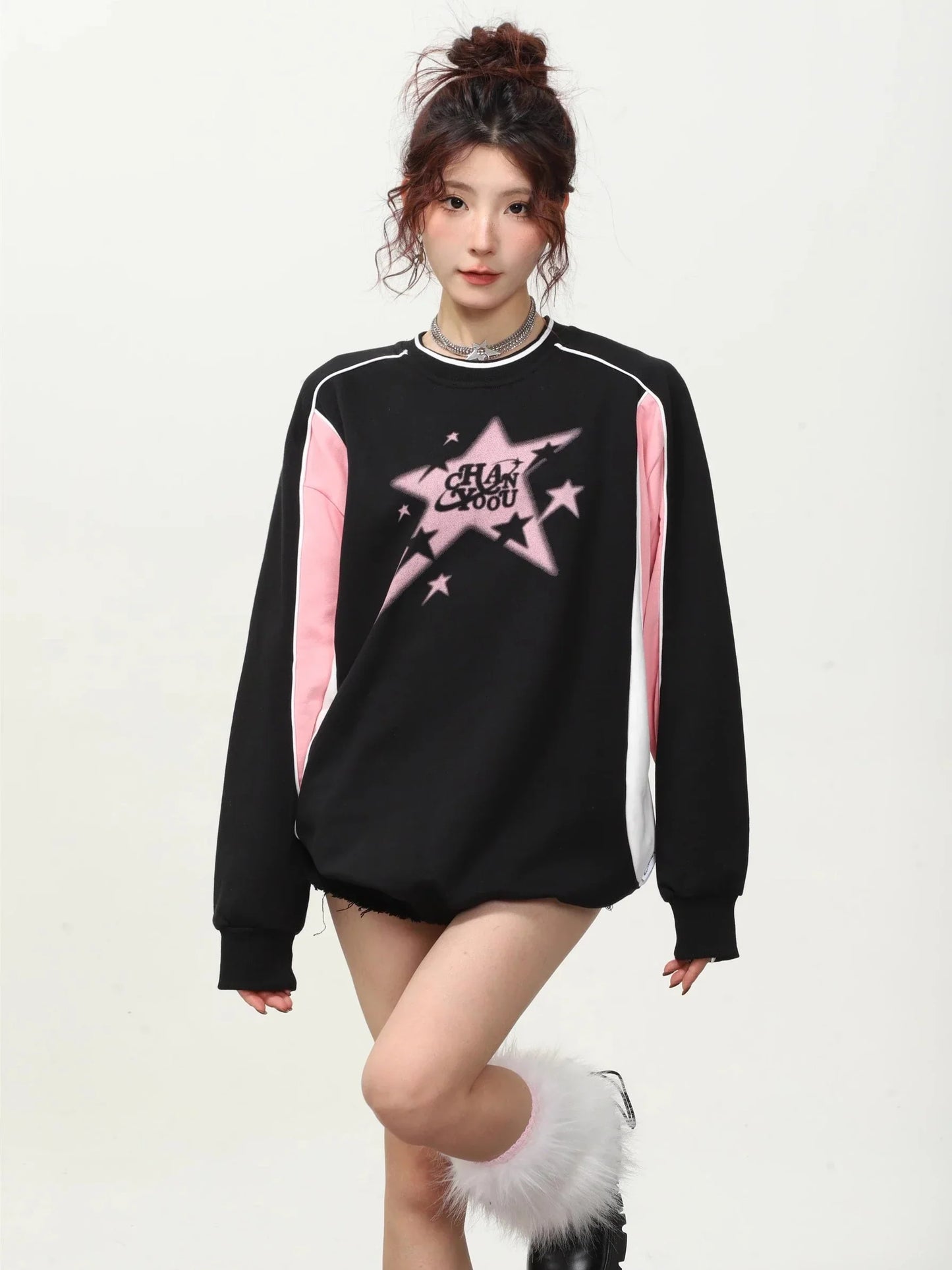 maoxiangshop2 Vintage V Neck Sweatshirt Women Korean Fashion Streetwear Kpop Pullover Casual Harajuku Grunge Cotton Top Autumn Winter