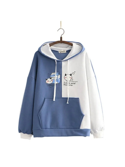 maoxiangshop fleece plus velvet women hoodies and sweatshirt cartoon cat print patchwork cute hooded pullover for sweet style  Tracksuits