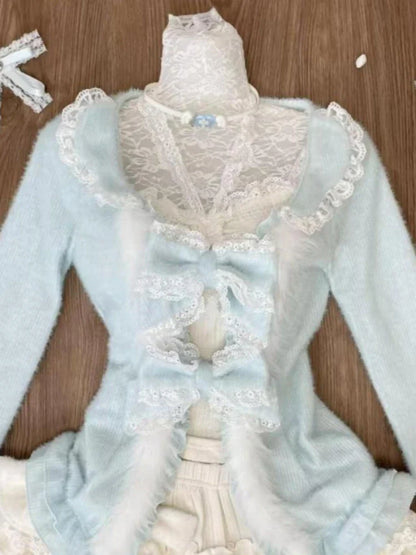 maoxiangshop  -  3 Pieces Set Women Slim Sweet Lace Patchwork Knitted Sweater + Slim Halter Grunge Vest+ Y2k Aesthetic Kawaii Cute Pleated Skirts