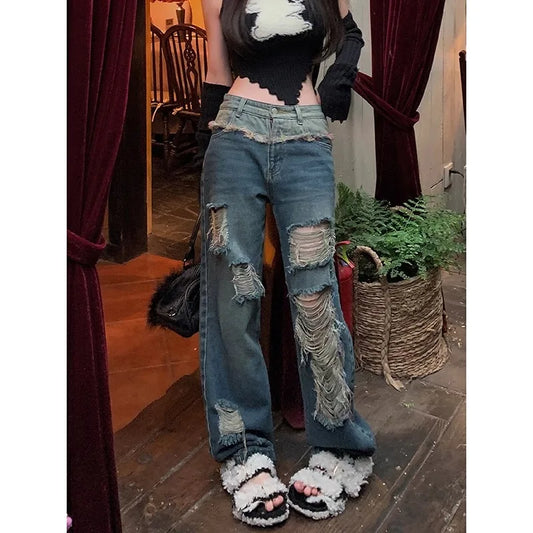 maoxiangshop  -  2024 New Hole Jeans Women High Waist American Style Street Retro Chic All-match Summer Gothic Loose Contrast Color Y2k Trouser