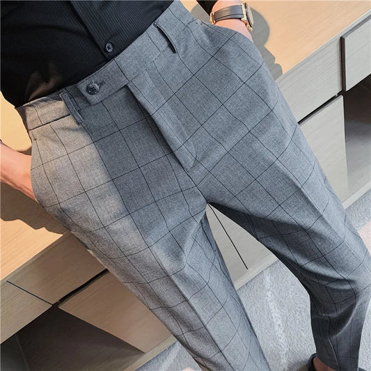 maoxiangshop High Quality Men's Formal Pants Office Social Business Fashion Plaid Suit Pants Casual Slim Wedding Street Wear Trousers