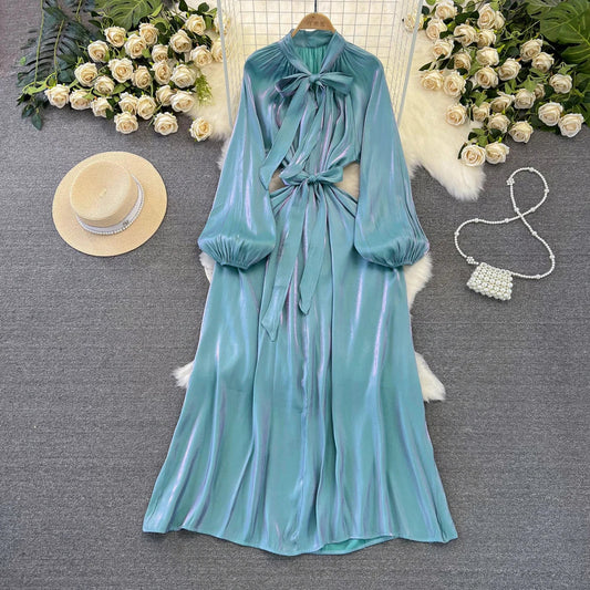 maoxiangshop Frenchic Vintage Long Dress Women Lace-up Bow Collar Lantern Sleeve Female Vestidos De Mujer Spring Elegant Dresses