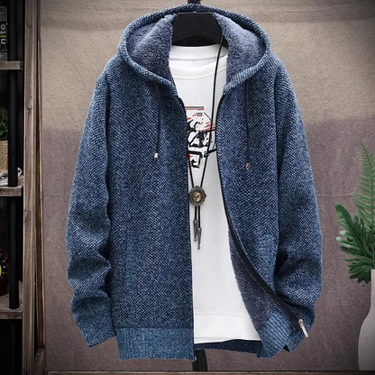 maoxiangshop Men‘s Hooded Cardigan Knitted Sweater Winter Thick Fleece Warm Casual Knitwear Coat Solid Color Cardigan Men Hooded Sweaters