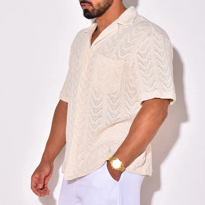 maoxiangshop Summer Trendy Breathable Knit Mens Shirt Short Sleeve Lapel Buttoned Knitted Tops Beach Style Vintage Jacquard Crochet Knitwear