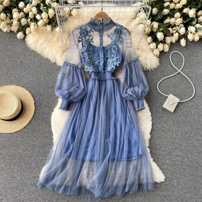 maoxiangshop Ladies Dress Three-dimensional Flower Hook Mesh Temperament Stand Collar Lantern Sleeve High Waist Slim Female Dresses