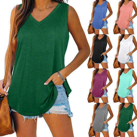 maoxiangshop Womens Tank Tops V Neck Basic Solid Color Casual Flowy Summer Sleeveless