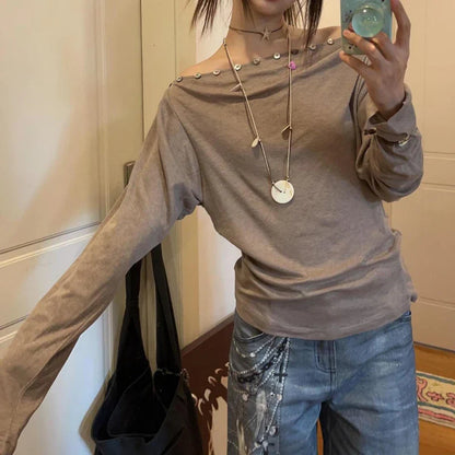 maoxiangshop  -  Y2k Aesthetic Slash Neck Sexy Tshirts Women Harajuku Vintage Button Slim Fit Streetwear Tees 2024 Autumn Grunge Solid T Shirt