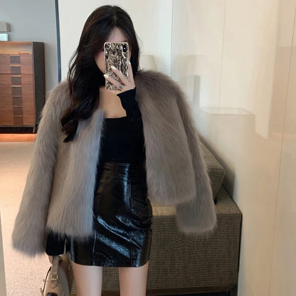 Fashion Harajuku Faux Fox Fur Coat Women Winter Korean Slim Leather Jacket Female Casual Natural Color Open Stitch Coat