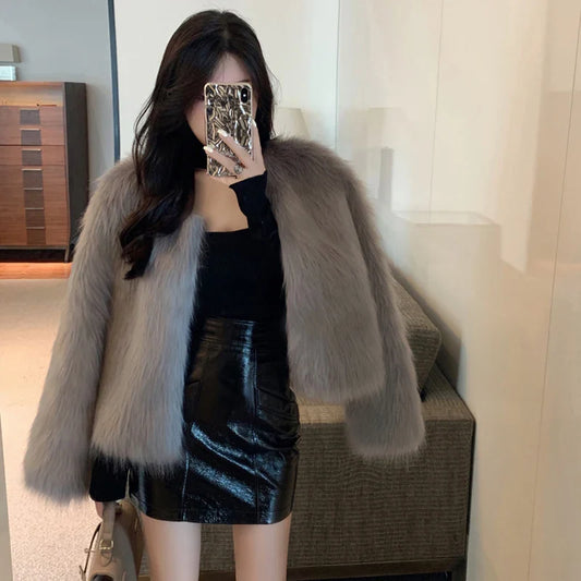 Fashion Harajuku Faux Fox Fur Coat Women Winter Korean Slim Leather Jacket Female Casual Natural Color Open Stitch Coat