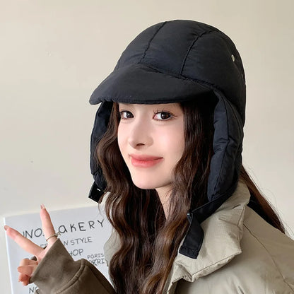 maoxiangshop  -  Down Cotton Bomber Hats for Women Winter Windproof Ear Protection Cap Warm Thick Motorcycle Lining Korean Solid Cycling Ski Hat