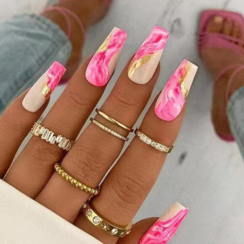 24pcs Summer False nails with designs Charms Flame Long Ballerina Fake Nails Wearable Coffin french Nails Tips Press On Nails